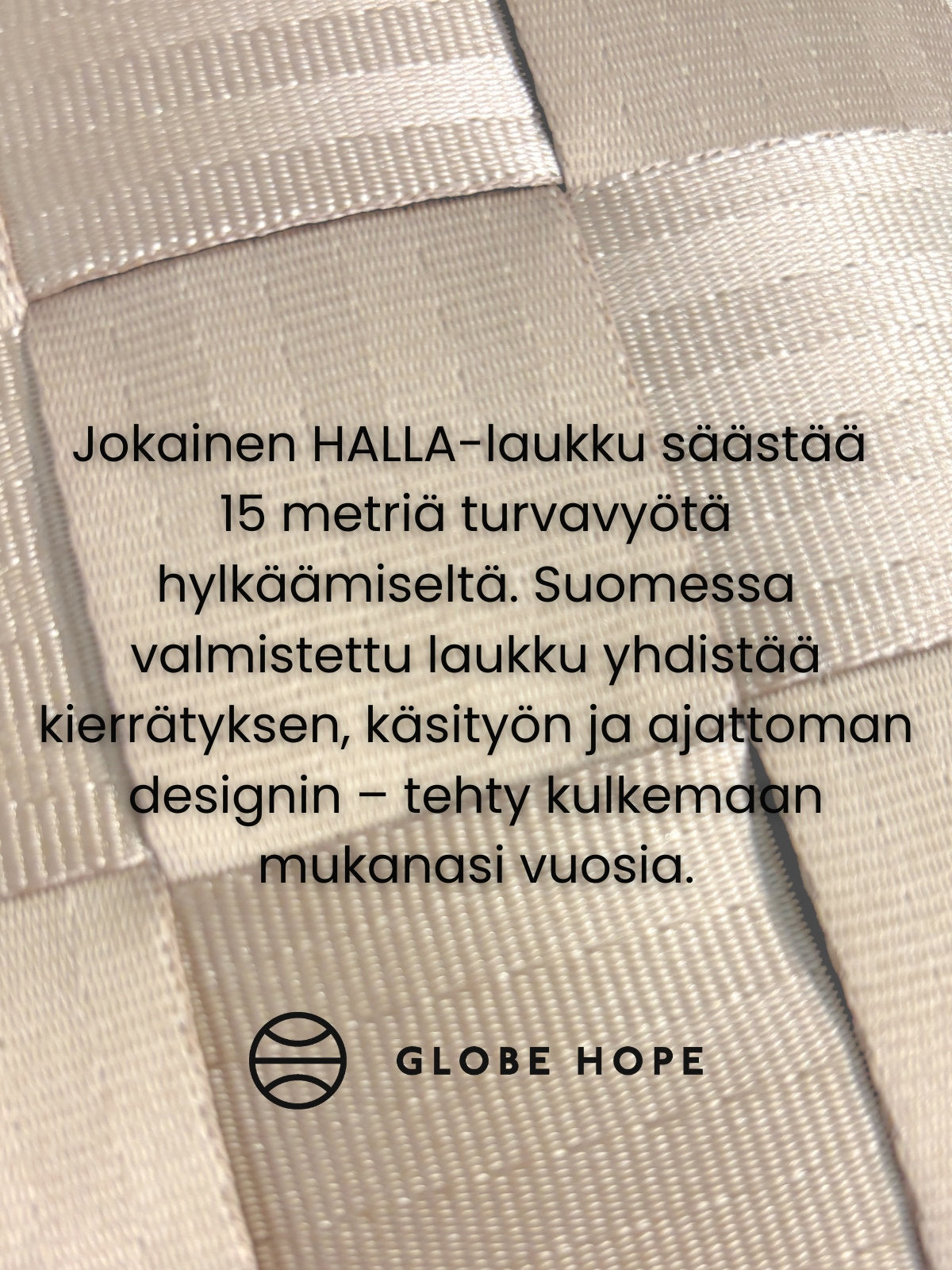 Globe Hope, Halla laukun materiaali-info.
