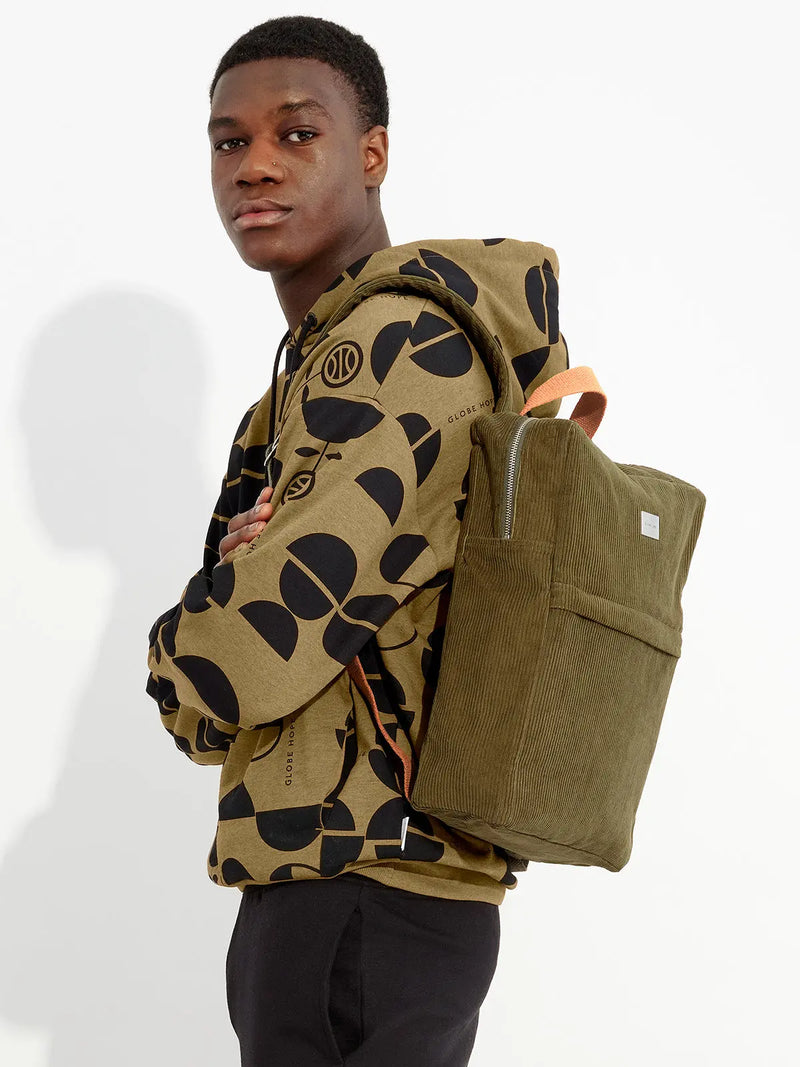 SUMU backpack, olive corduroy with brown straps